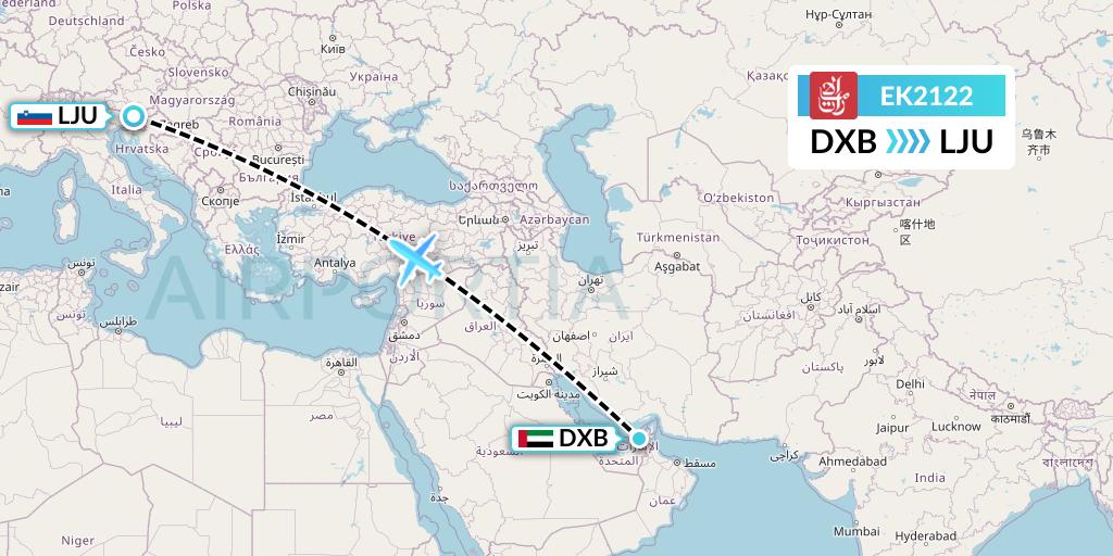 EK2122 Emirates Flight Map: Dubai to Ljubljana