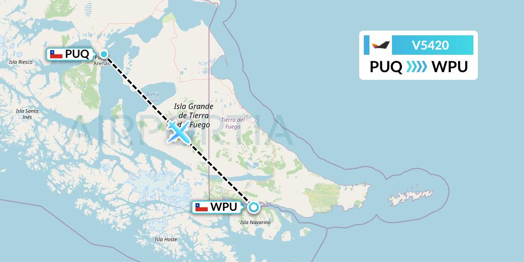 V5420 Aerovias DAP Flight Map: Punta Arenas to Puerto Williams