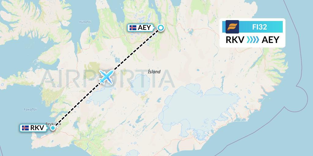 FI32 Icelandair Flight Map: Reykjavik to Akureyri
