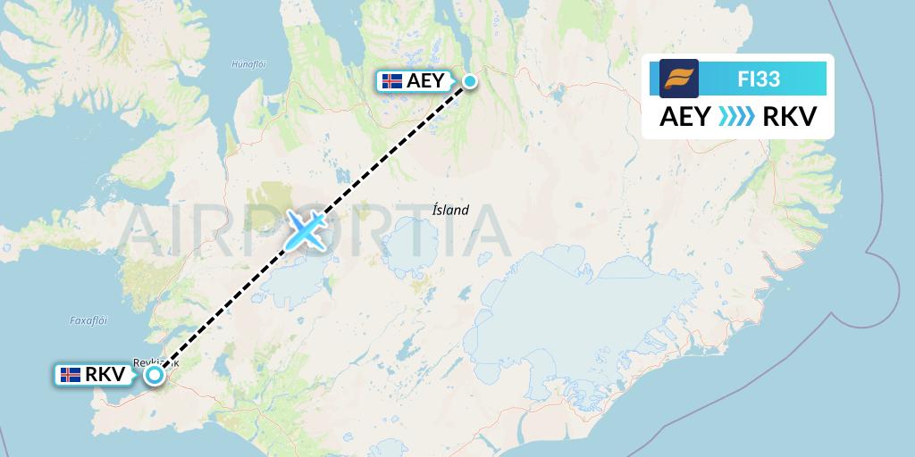 FI33 Icelandair Flight Map: Akureyri to Reykjavik