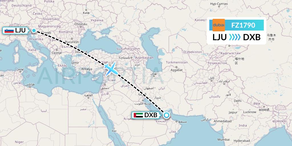FZ1790 FlyDubai Flight Map: Ljubljana to Dubai