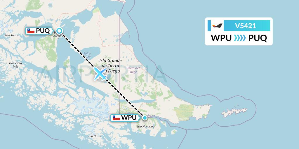V5421 Aerovias DAP Flight Map: Puerto Williams to Punta Arenas