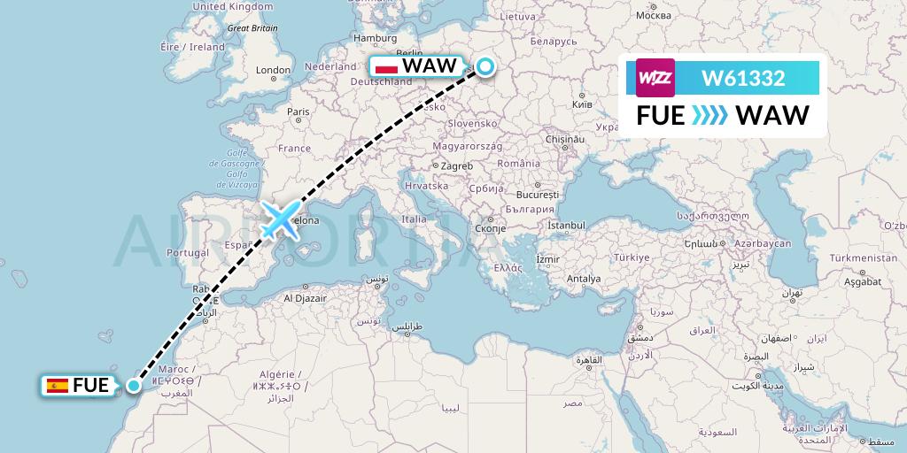 W61332 Wizz Air Flight Map: Fuerteventura to Warsaw