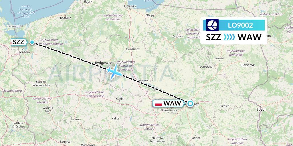 LO9002 LOT Flight Map: Szczecin to Warsaw