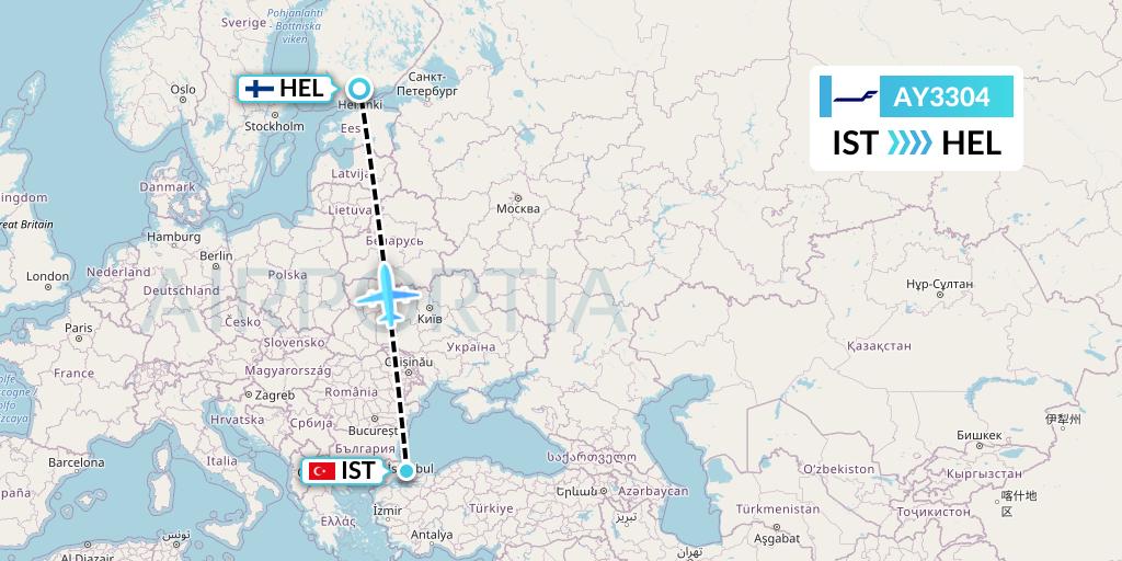 AY3304 Finnair Flight Map: Istanbul to Helsinki