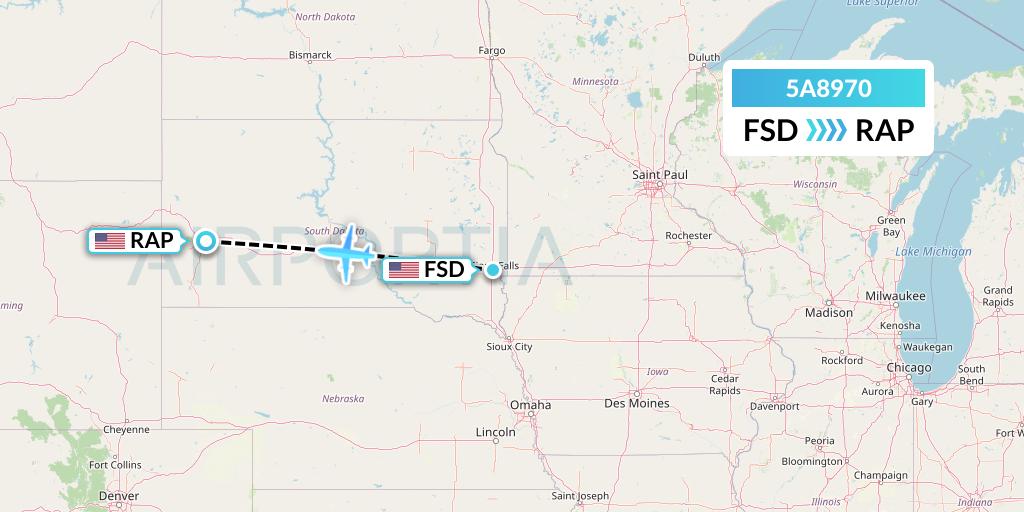 5A8970 Alpine Air Express Flight Map: Sioux Falls to Rapid City