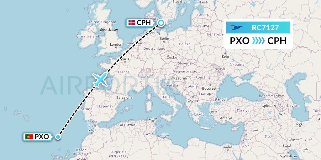 RC7127 Atlantic Airways Flight Map: Porto Santo to Copenhagen