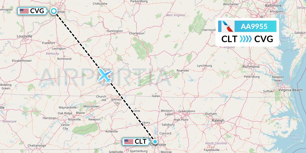 AA9955 American Airlines Flight Map: Charlotte to Cincinnati