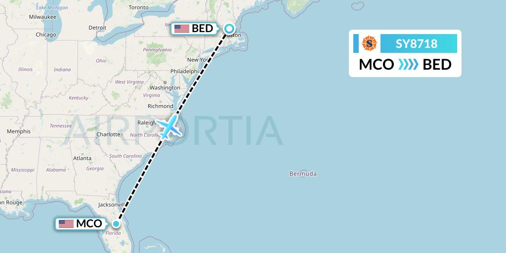 SY8718 Sun Country Airlines Flight Map: Orlando to Bedford