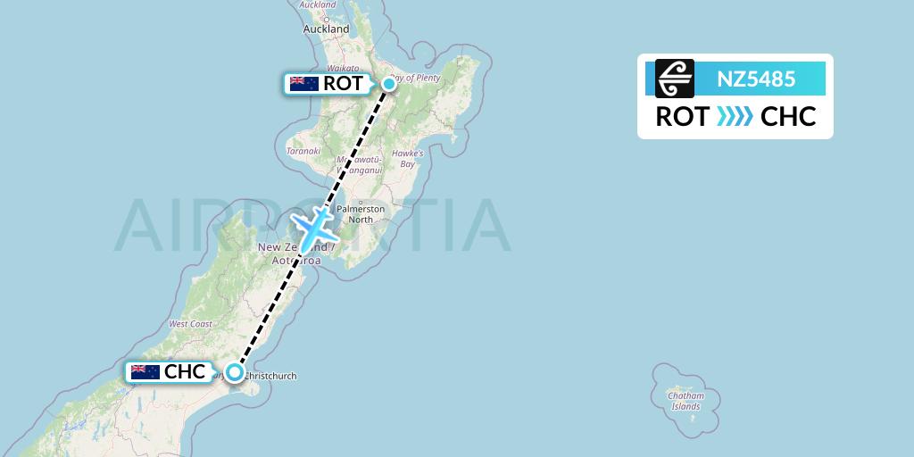 NZ5485 Air New Zealand Flight Map: Rotorua to Christchurch