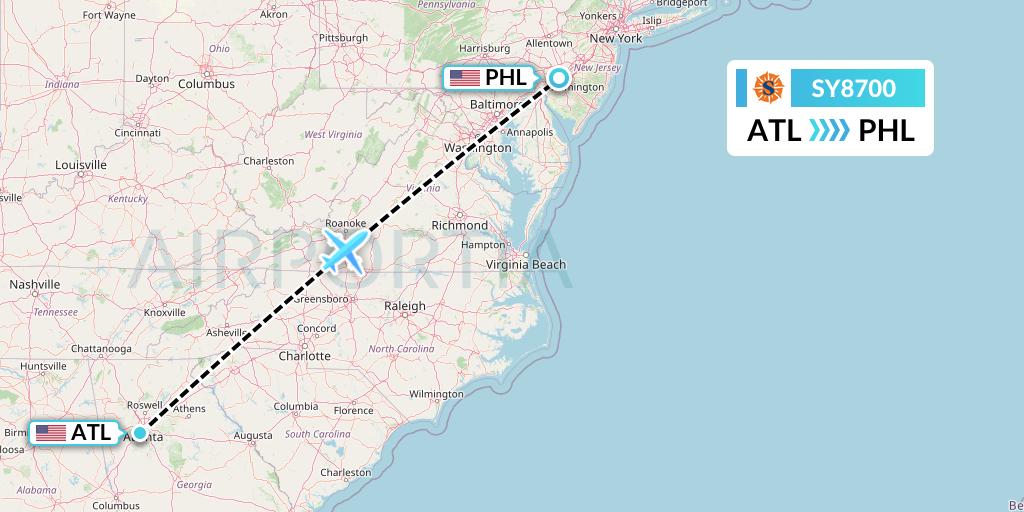 SY8700 Sun Country Airlines Flight Map: Atlanta to Philadelphia