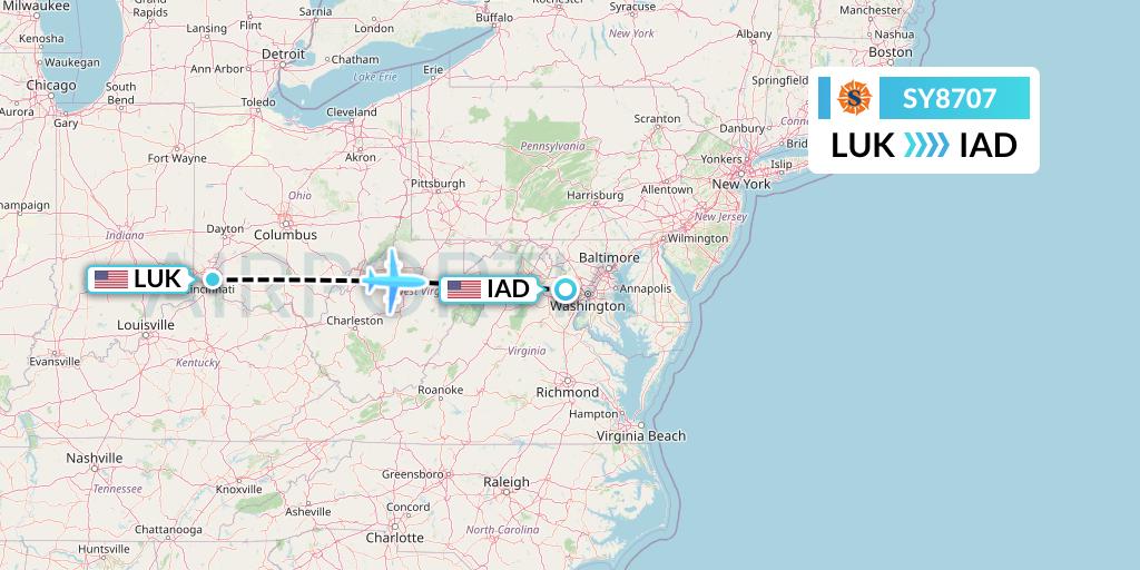 SY8707 Sun Country Airlines Flight Map: Cincinnati to Washington