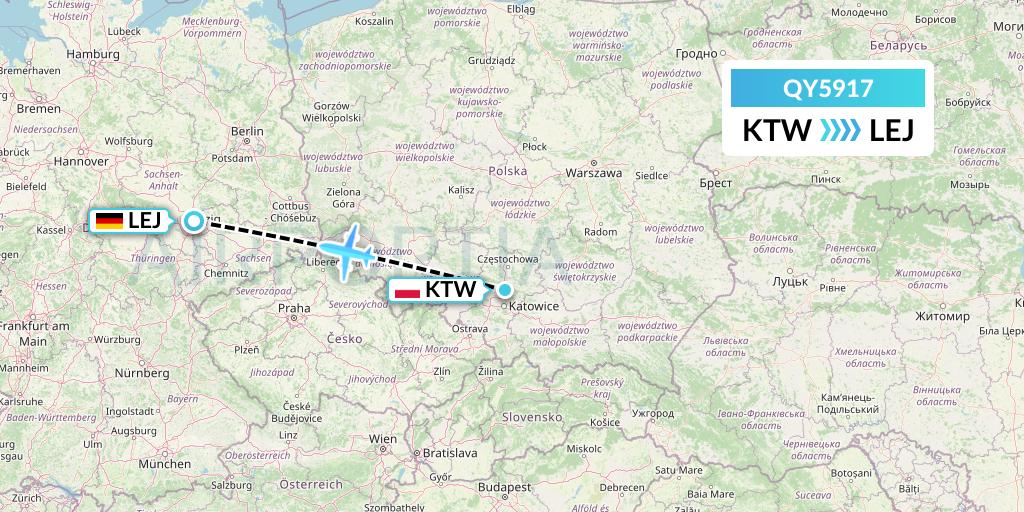 QY5917 European Air Transport Flight Map: Katowice to Leipzig