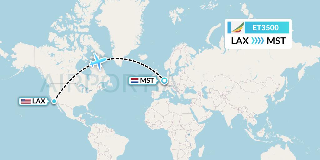 ET3500 Ethiopian Airlines Flight Map: Los Angeles to Maastricht