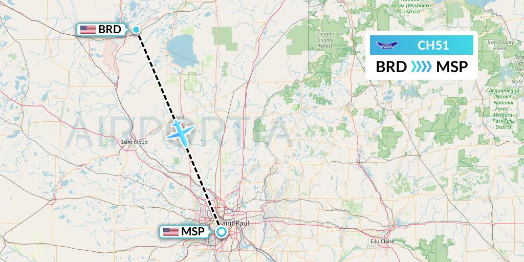 CH51 Bemidji Airlines Flight Map: Brainerd to Minneapolis