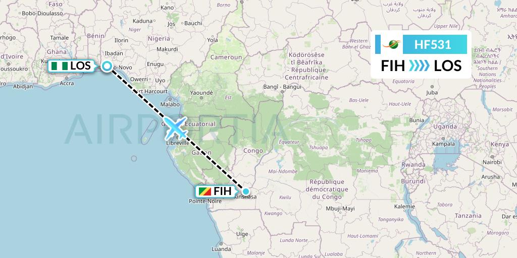 HF531 Air Cote d'Ivoire Flight Map: Kinshasa to Lagos