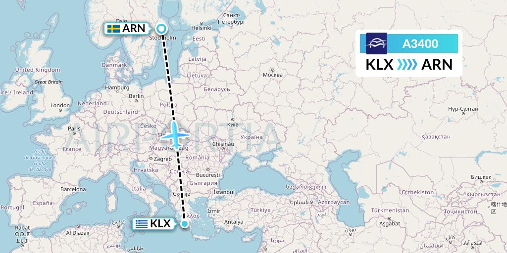 A3400 Aegean Airlines Flight Map: Kalamata to Stockholm