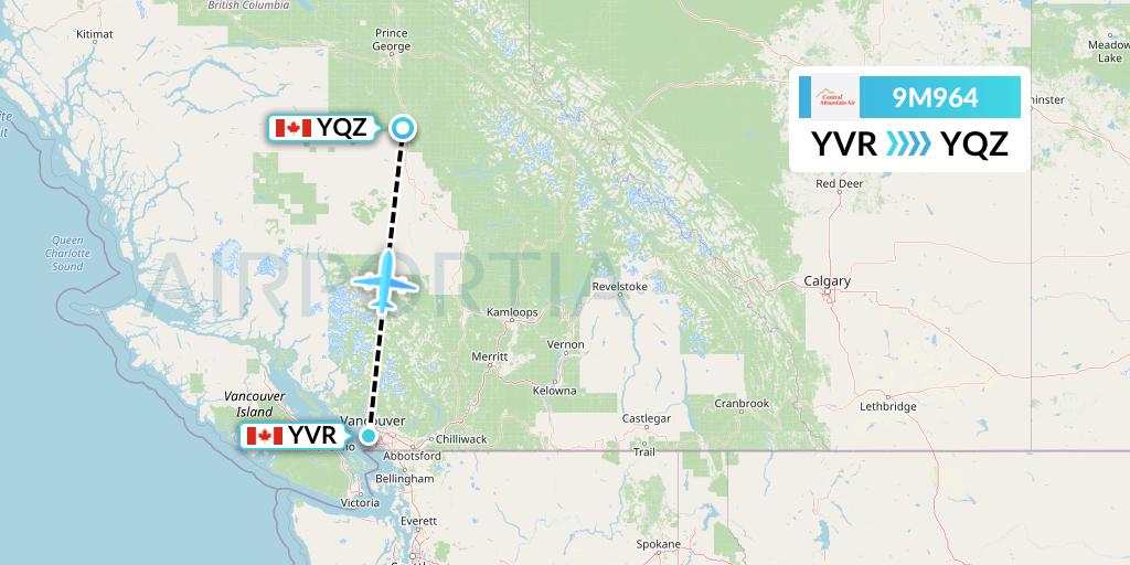 9M964 Central Mountain Air Flight Map: Vancouver to Quesnel