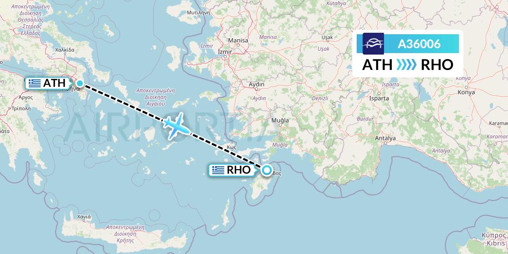 A36006 Aegean Airlines Flight Map: Athens to Rhodes