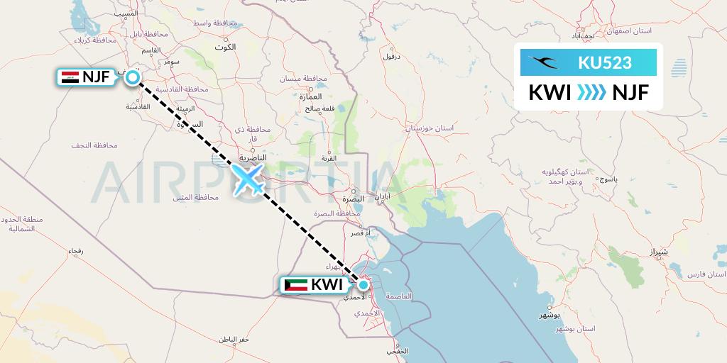 KU523 Kuwait Airways Flight Map: Kuwait City to Najaf