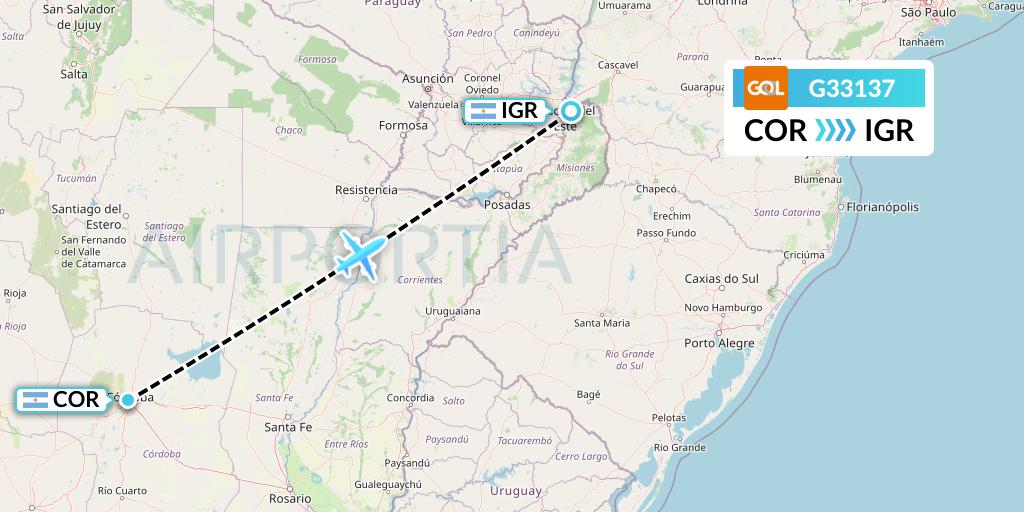 G33137 GOL Transportes Aeros Flight Map: Cordoba to Puerto Iguazu