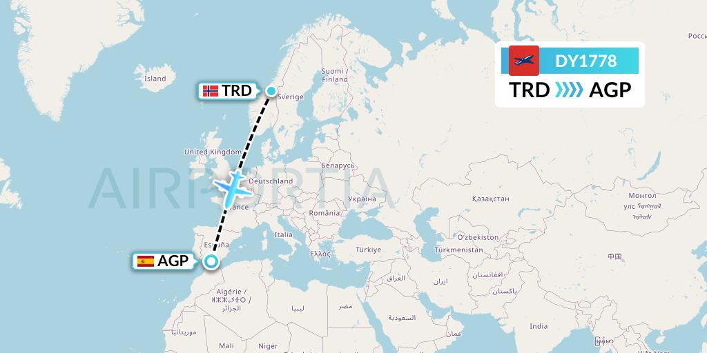 DY1778 Norwegian Flight Map: Trondheim to Malaga