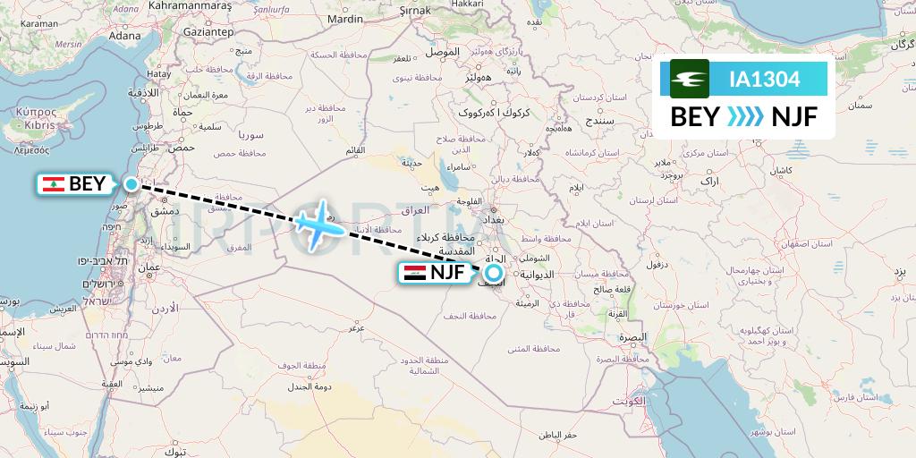 IA1304 Iraqi Airways Flight Map: Beirut to Najaf