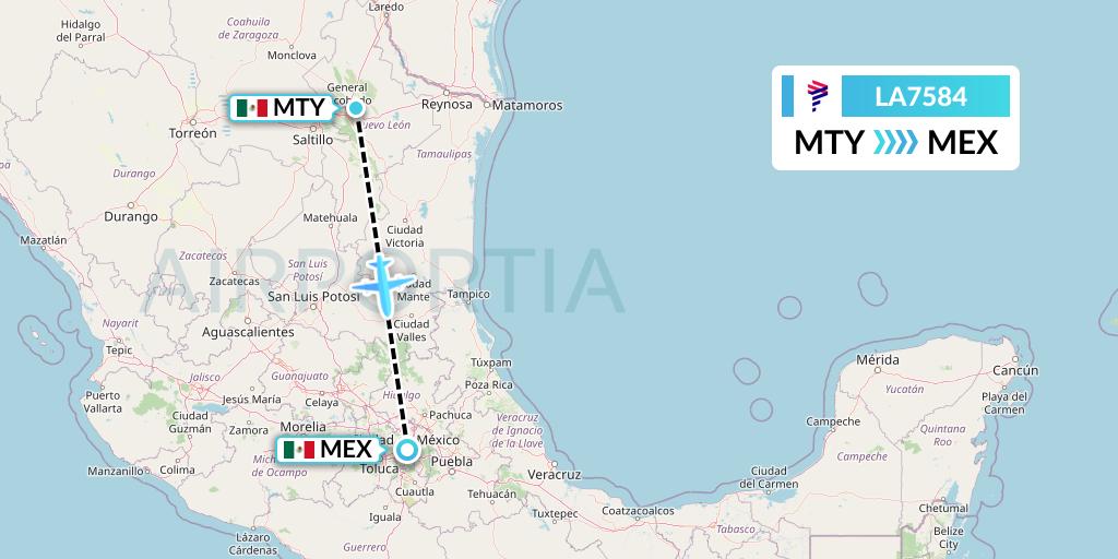LA7584 LAN Airlines Flight Map: Monterrey to Mexico City