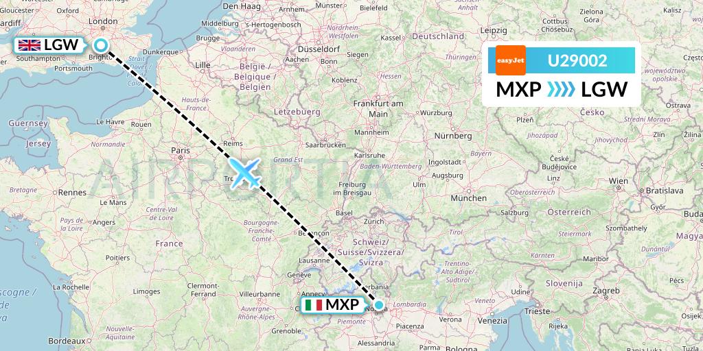 U29002 EasyJet Flight Map: Milan to London