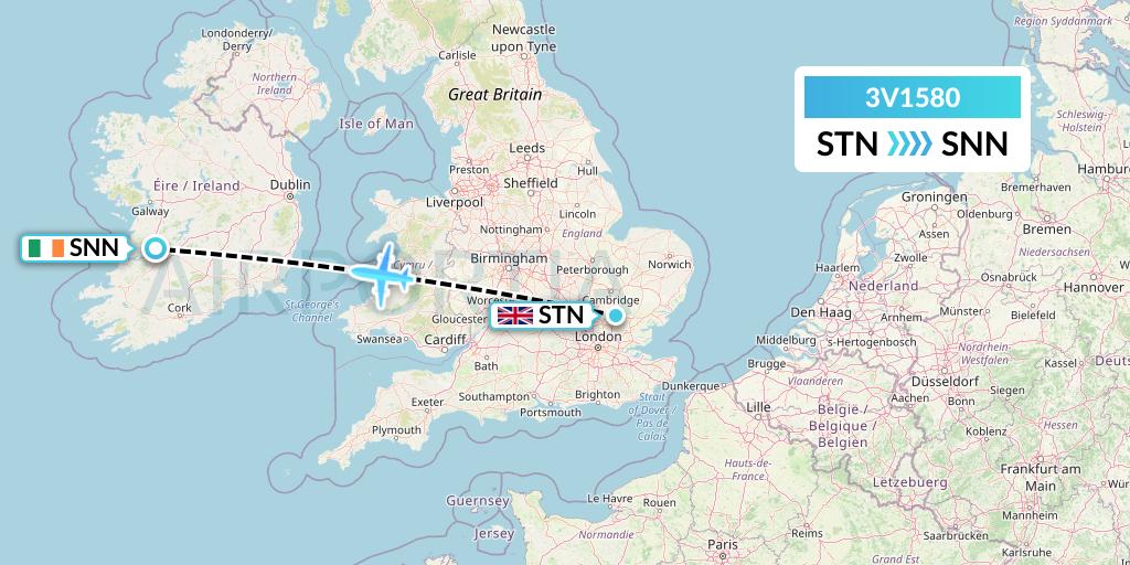 3V1580 ASL Airlines Belgium Flight Map: London to Shannon