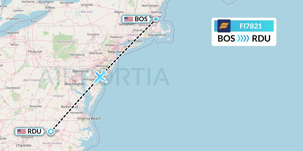FI7821 Icelandair Flight Map: Boston to Raleigh-Durham