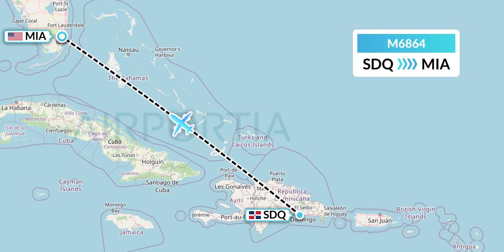 M6864 Amerijet International Flight Map: Santo Domingo to Miami
