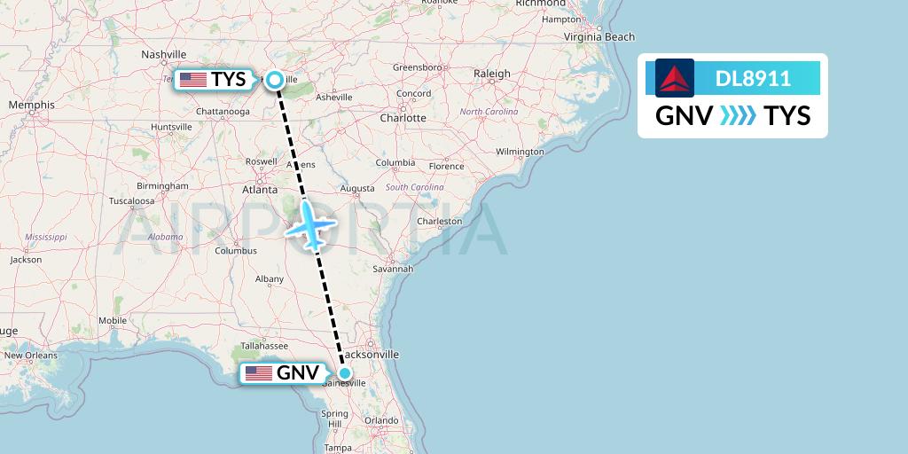 DL8911 Delta Air Lines Flight Map: Gainesville to Knoxville
