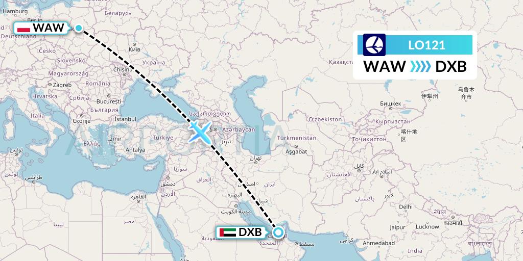 LO121 LOT Flight Map: Warsaw to Dubai