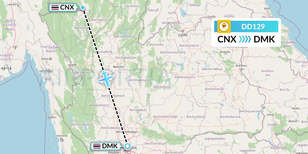 DD129 Nok Air Flight Map: Chiang Mai to Bangkok