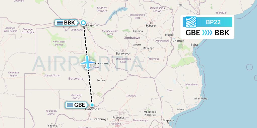 BP22 Air Botswana Flight Map: Gaborone to Kasane