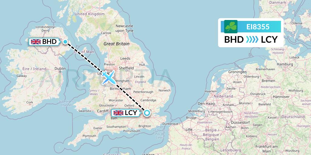 EI8355 Aer Lingus Flight Map: Belfast to London