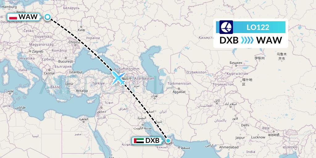 LO122 LOT Flight Map: Dubai to Warsaw