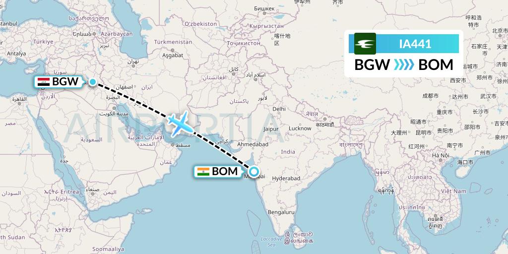 IA441 Iraqi Airways Flight Map: Baghdad to Mumbai