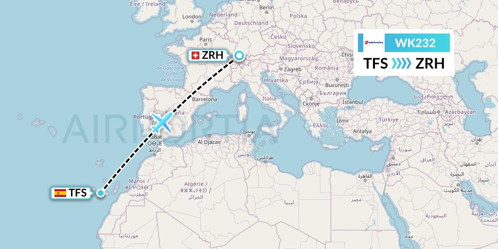 WK232 Edelweiss Air Flight Map: Tenerife to Zurich