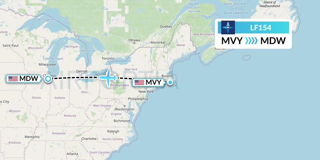 LF154 Corporate Flight Management Flight Map: Martha's Vineyard to Chicago