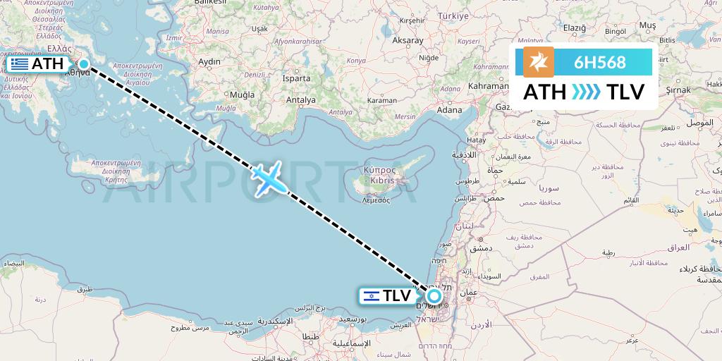 6H568 Israir Airlines Flight Map: Athens to Tel Aviv