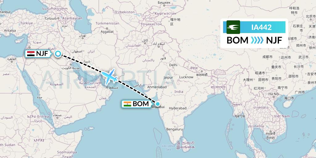 IA442 Iraqi Airways Flight Map: Mumbai to Najaf