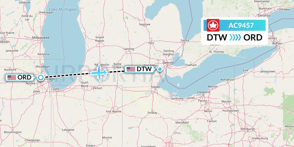 AC9457 Air Canada Flight Map: Detroit to Chicago