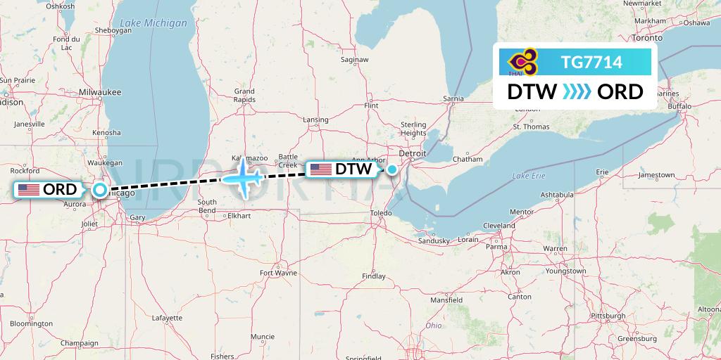 TG7714 Thai Airways Flight Map: Detroit to Chicago