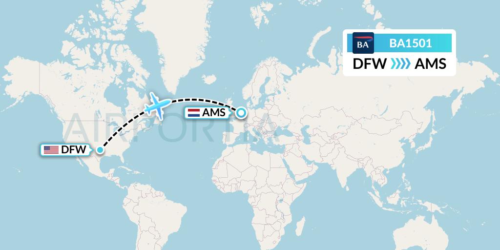 BA1501 British Airways Flight Map: Dallas to Amsterdam