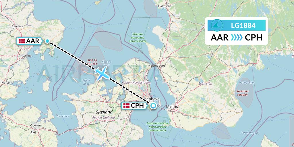 LG1884 Luxair Flight Map: Aarhus to Copenhagen