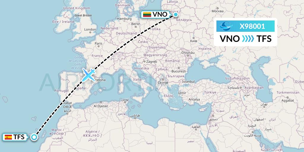 X98001 Avion Express Flight Map: Vilnius to Tenerife