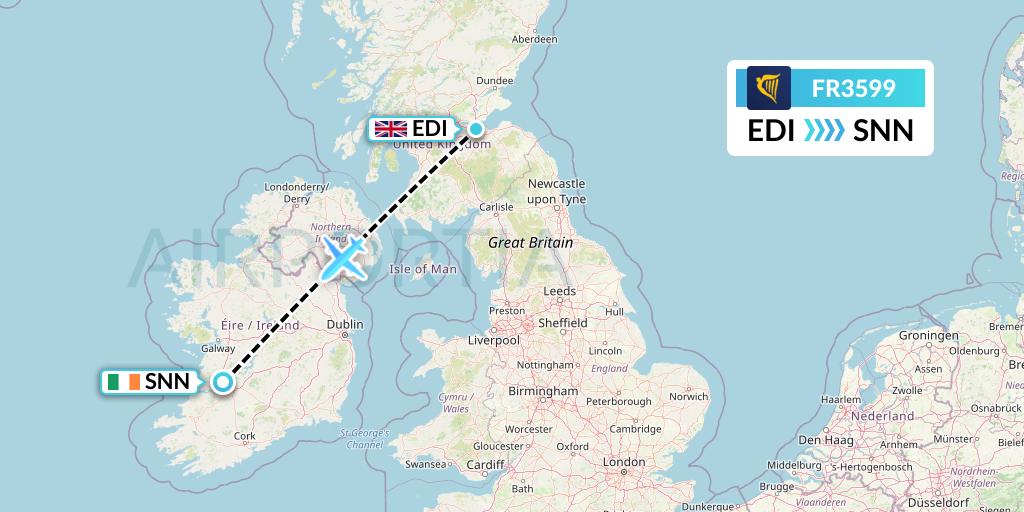 FR3599 Ryanair Flight Map: Edinburgh to Shannon