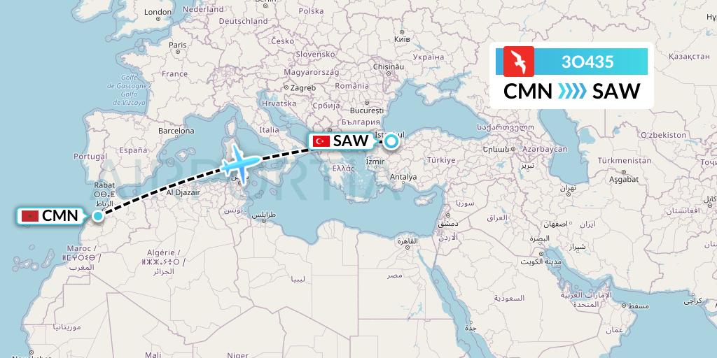 3O435 Air Arabia Maroc Flight Map: Casablanca to Istanbul